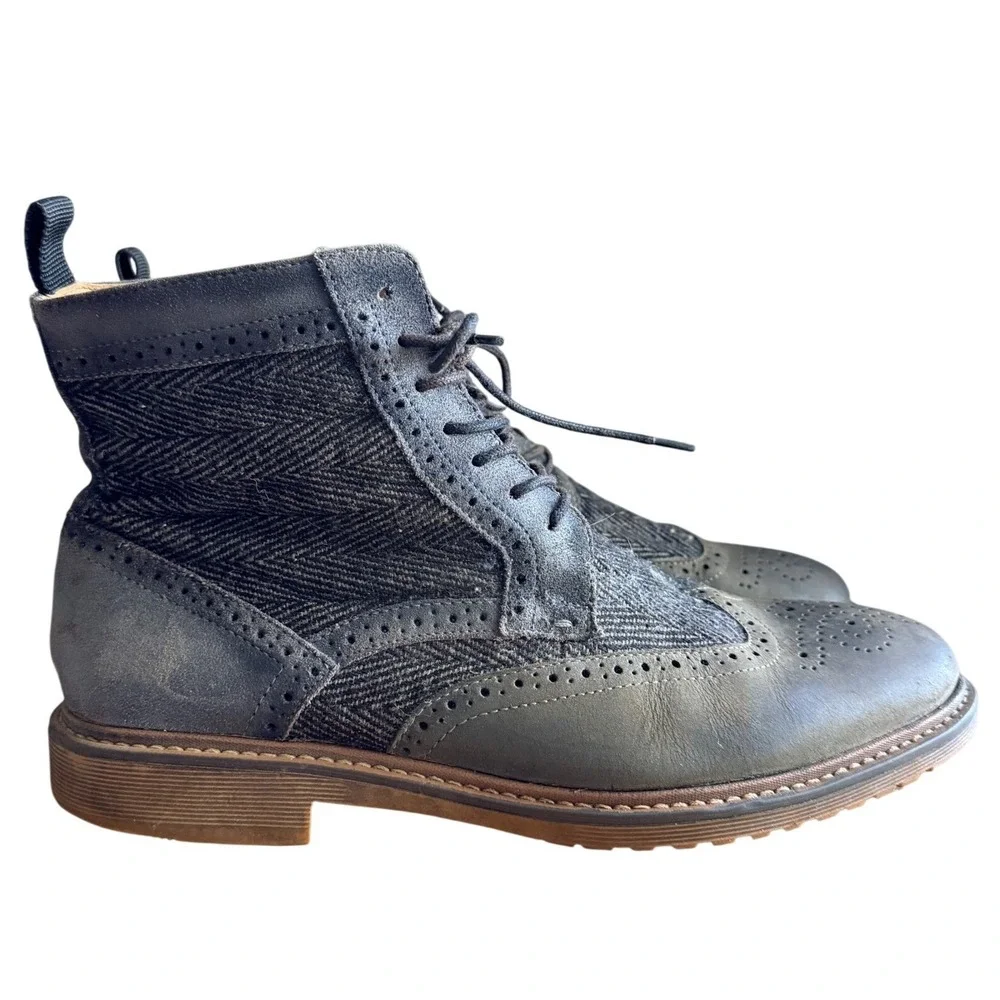 Steve Madden Boots Mens 9.5 SIFTT Gray Wingtip Herringbone Leather EUC